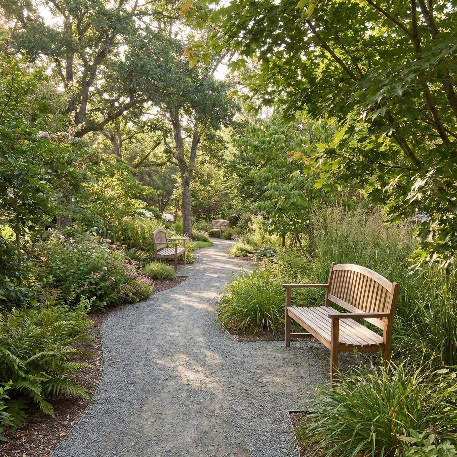 A peaceful outdoor walkway with benches and mature trees.