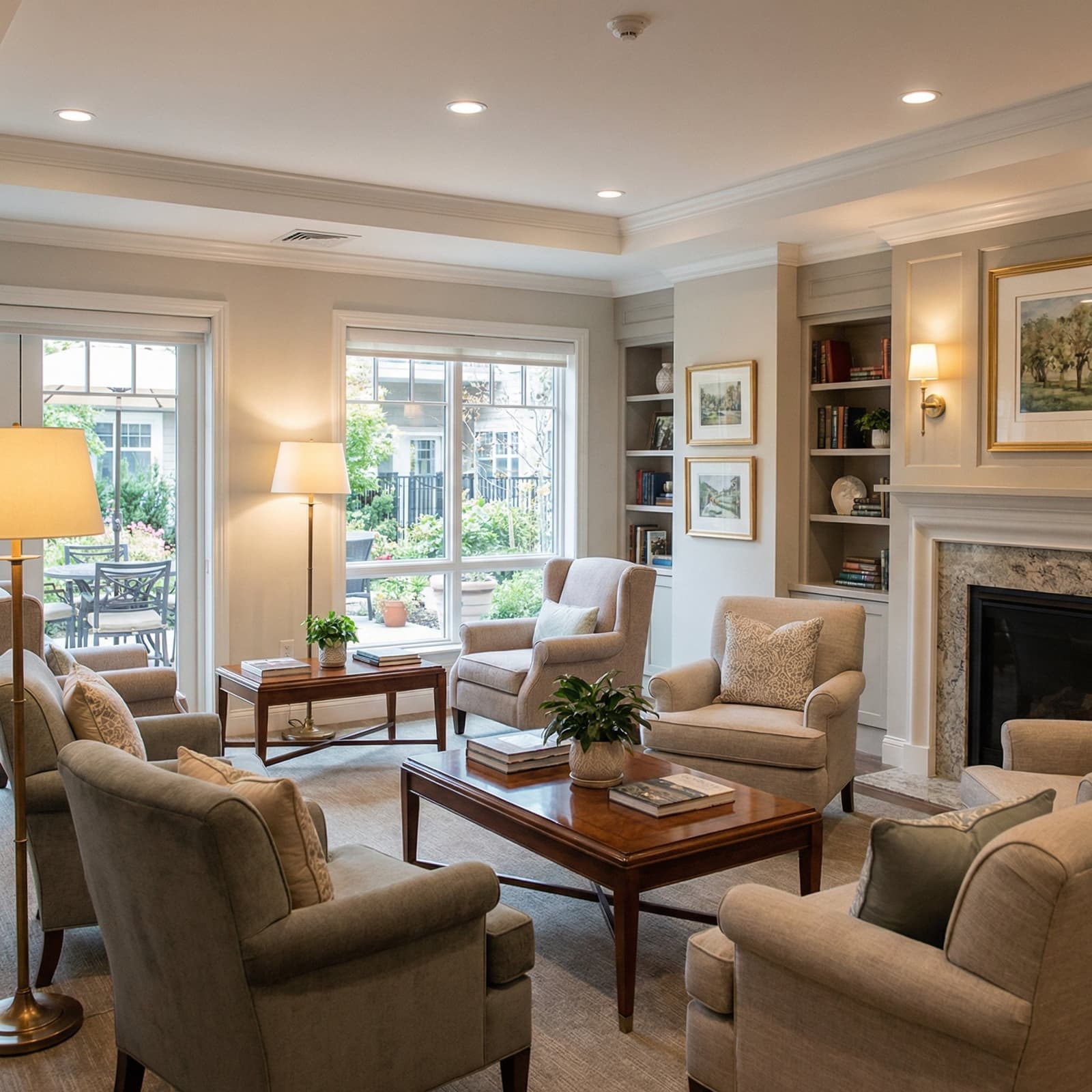 A quiet interior seating area with soft light and comfortable chairs.