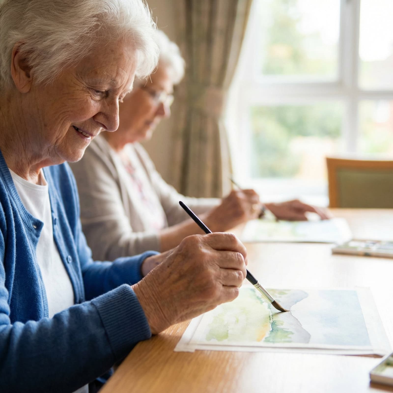 An older adult painting during a creative activity session near a window.