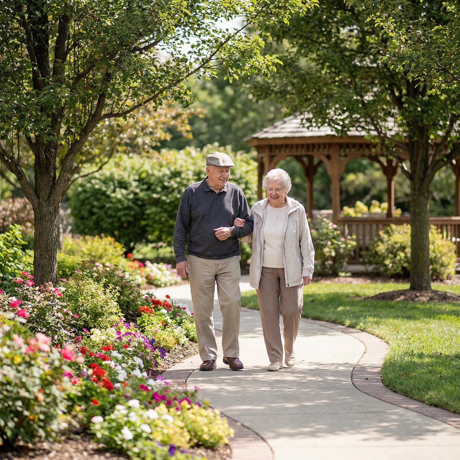 Two older adults walking together in a flower-lined garden path.