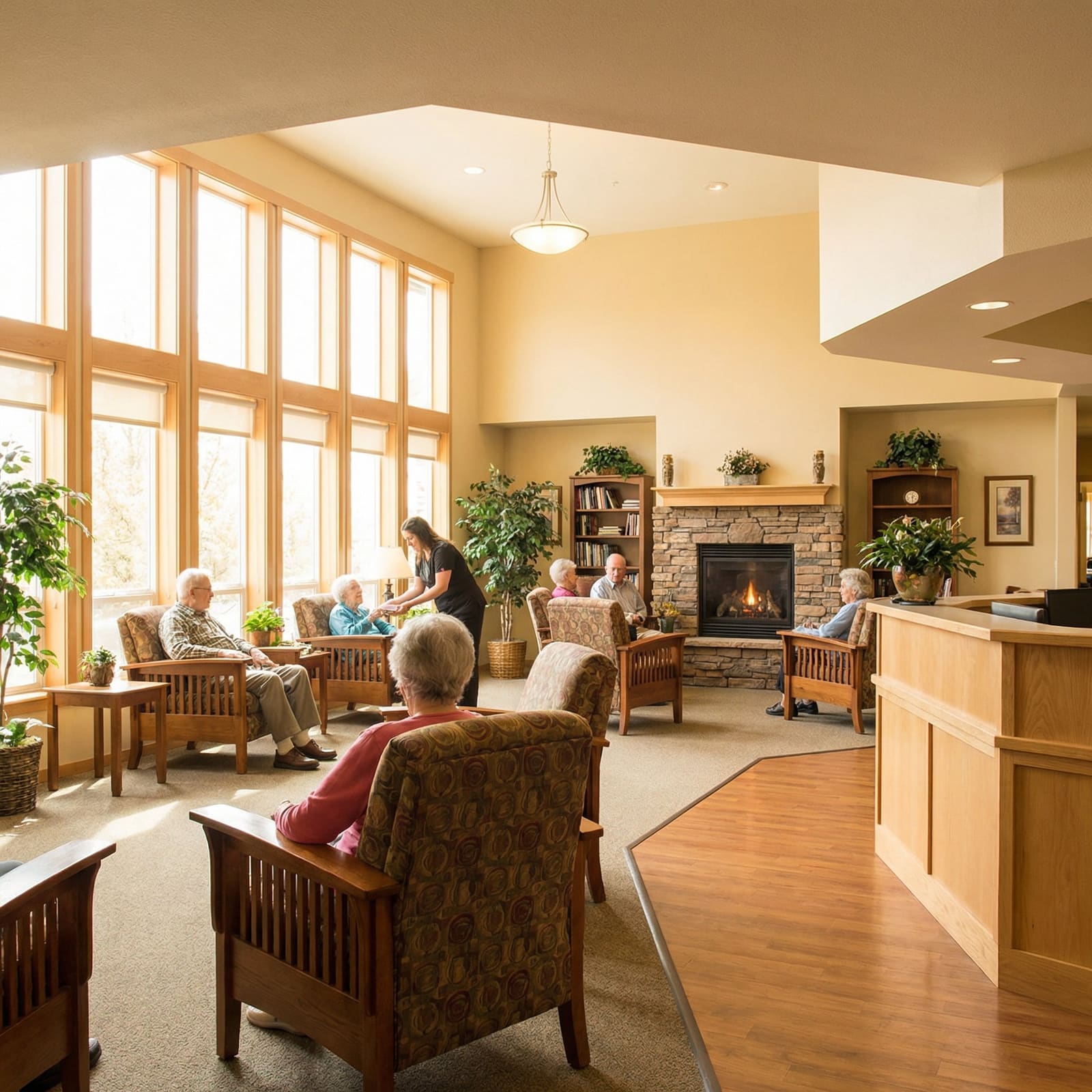 Residents and staff gathered in a warm memory care lounge with natural light and a fireplace.