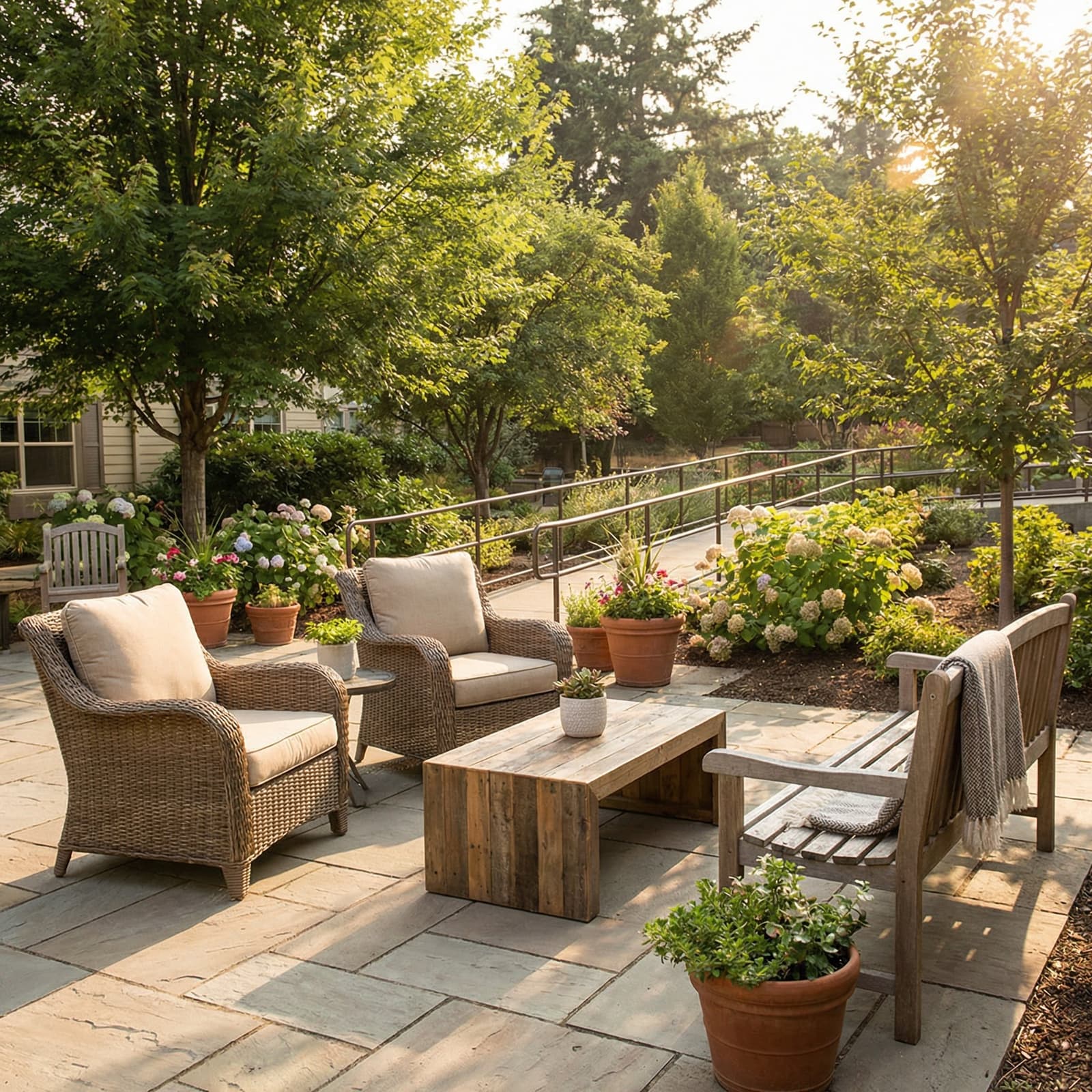 Outdoor patio seating in a landscaped memory care garden.