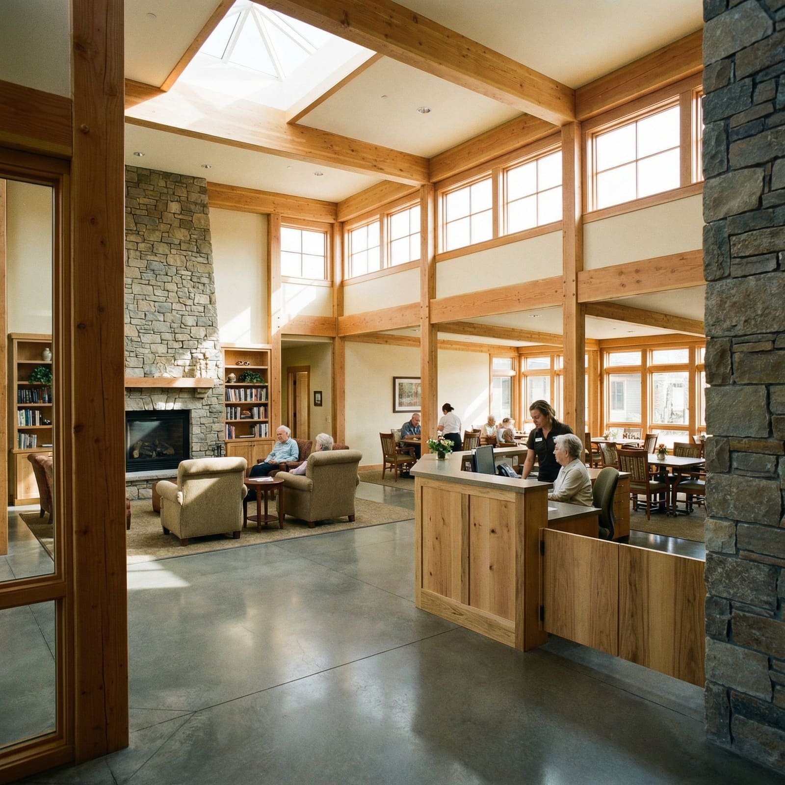 A bright memory care common room with tall windows, seating, and staff at reception.